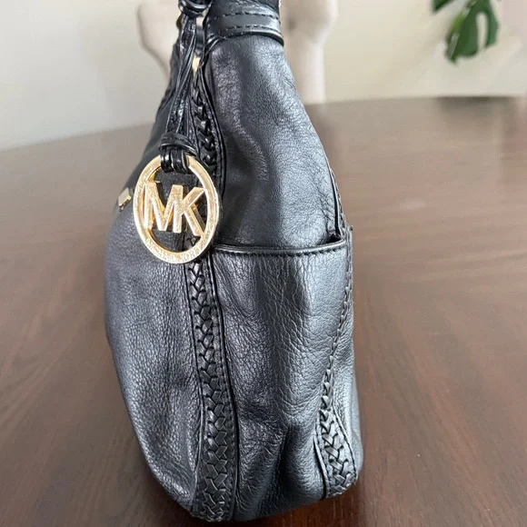 Michael Kors Black Pebbled Leather Shoulder Bag with Gold MK Charm - Picture 5 of 15